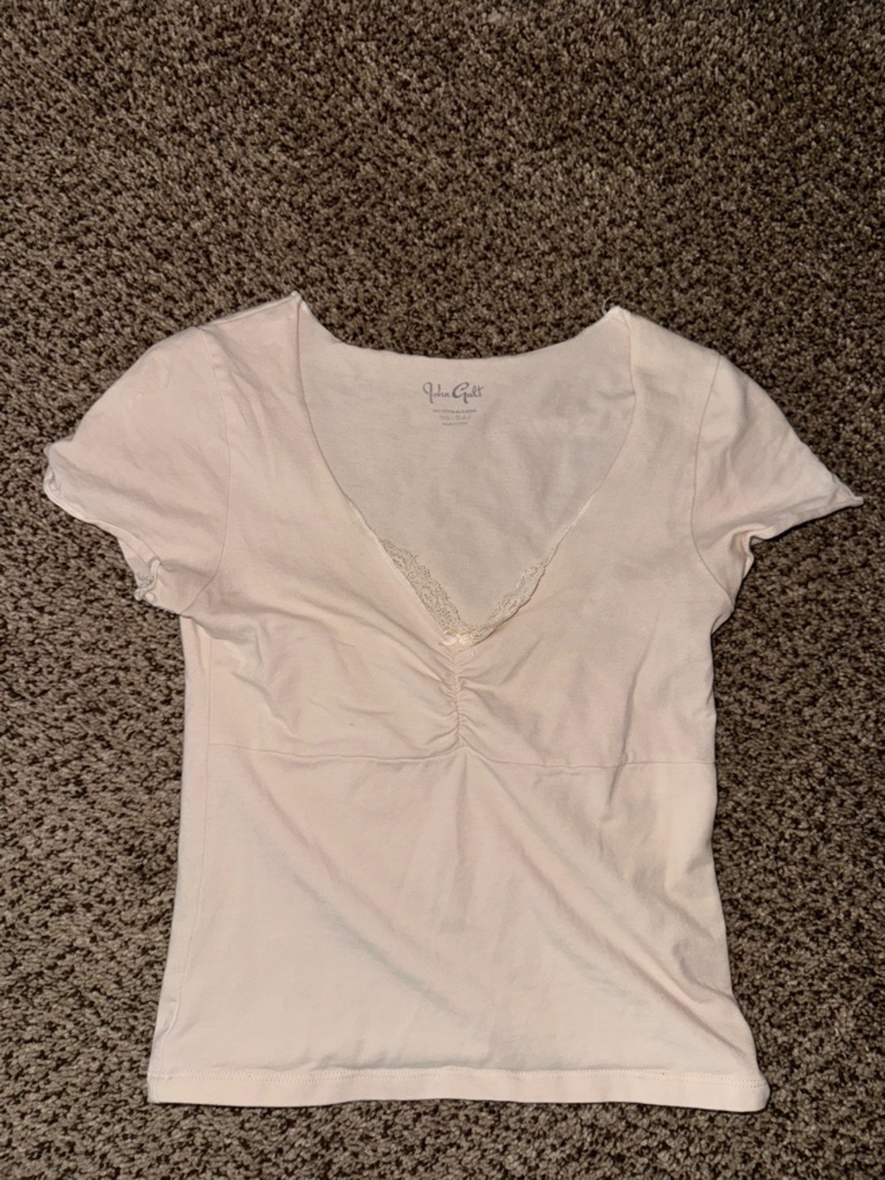 Brandy Melville Light Pink Lace-Trim V-Neck Short Sleeve Top